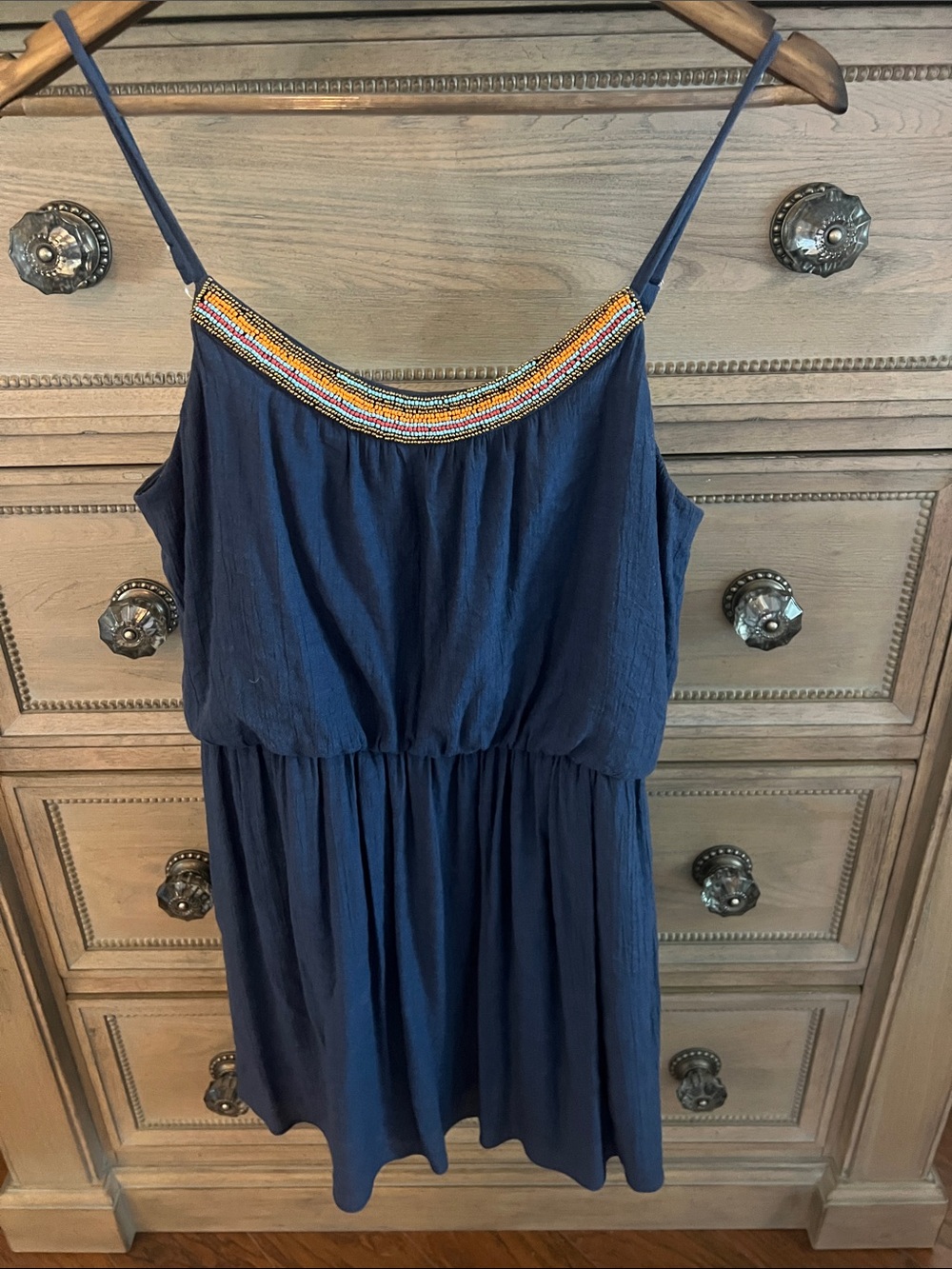 Iz Byer Navy Dress with Multicolor Beaded Neckline